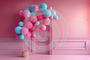 Pink and blue balloons decorate the wall, creating a happy party atmosphere