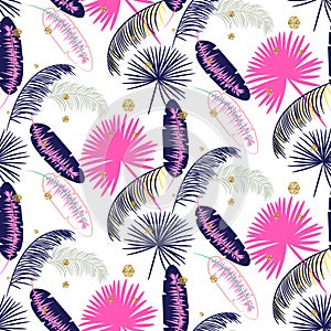 Pink and blue banana palm leaves seamless vector pattern.