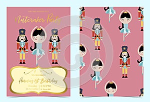 Pink blue birthday invitation with nutcracker,princess,ballet and solider photo