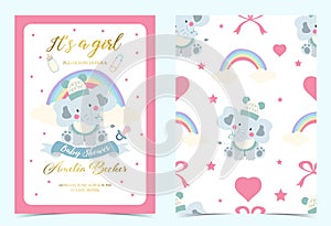 Pink blue birthday invitation with pacifier,bottle,milk ,cloth,heart and elephant