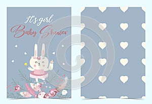 Pink blue birthday invitation with rabbit, heart, flower, feather, boho and rose