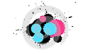 pink blue black ink drop brush painting watercolor splatter in grunge graphic style on white background