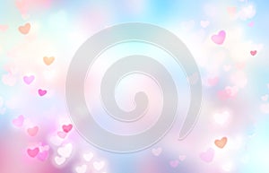 Pink and blue blurred hearts bokeh,valentine`s background.Romantic glowing texture.Love concept illustration