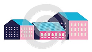 Pink and blue city buildings vector design