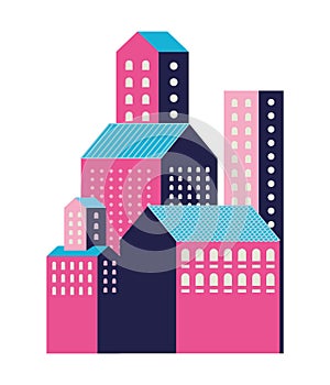 Pink and blue city buildings vector design