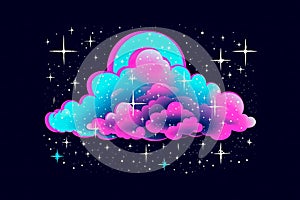 Pink and Blue Cloud with Stars on Dark Blue Background. Starry Night Sky. Cute Cloud Illustration. Generative AI.