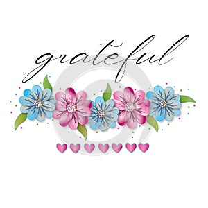 Pink and blue daisy-like flowers isolated on white with hearts and text grateful