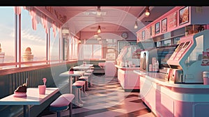 A pink and blue diner with pink stools. AI generative image.
