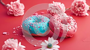 Pink and blue donuts with flowers on red background - delicious sweet treats available for purchase