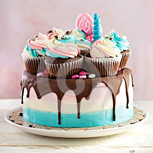 Pink and blue festive cake