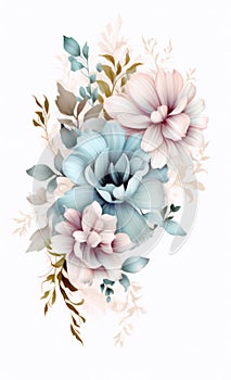 Pink and blue flower design isolated on white background, high-contrast and soft colors.