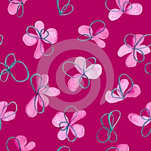 Pink and blue flowers and petals watercolor painting - seamless pattern with blossom on crimson