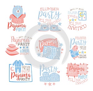 Pink And Blue Girly Pajama Party Invitation Templates Set Inviting Kids For The Slumber Pyjama Overnight Sleepover Cards