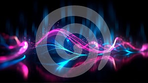 Pink and blue glowing light neon speed wave lines abstract background. AI generative illustration