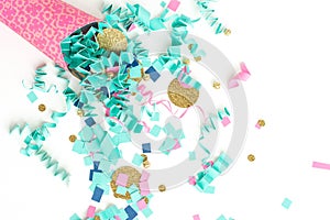 Pink blue and gold confetti celebration background