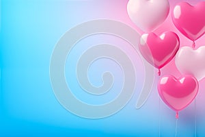 Pink and blue heart-shaped balloons on a blue background. Copy space, top view