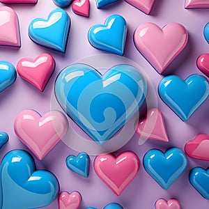 Pink and blue hearts with gloss as abstract background, wallpaper, banner, texture design with patt vector photo