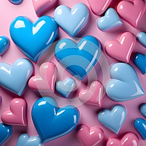 Pink and blue hearts with gloss as abstract background, wallpaper, banner, texture design with patt vector photo