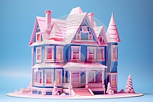 Pink and blue house with snow on roof