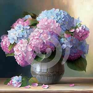 Pink and blue hydrangeas, flowers bouquet in a vase, still life, printable oil painting