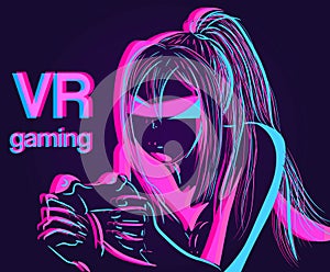 Pink and blue illustration of a gamer girl playing on a console. Neon vector of a virtual reality cyber and futuristic robot