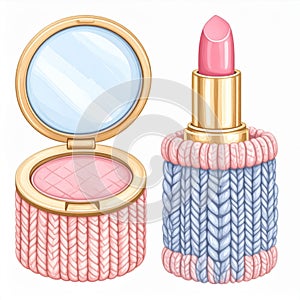 Pink and Blue Knitted Lipstick and Compact Powder