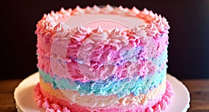 A pink and blue layer cake with frosting on top.