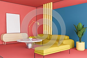 Pink and blue living room corner with poster