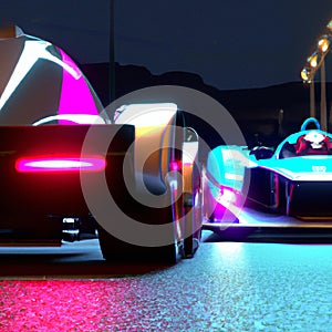 Pink and blue neon glow racing cars Generative AI illustration.