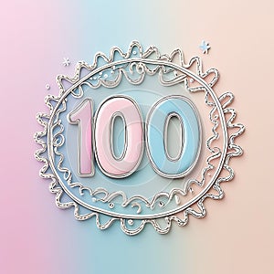 Pink and Blue Number 100 Inside Decorative Frame on Pastel Background one hundred celebration