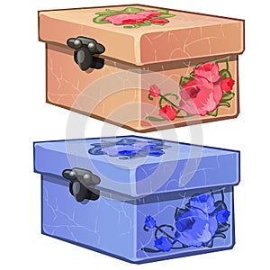 Pink and blue old cardboard box with flower decoration. Womens carton casket with lock isolated. Vector in cartoon style