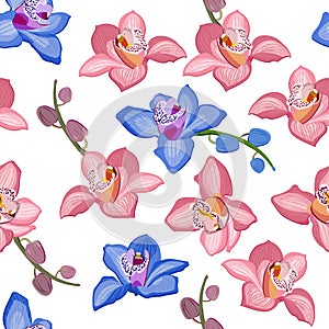 Pink and blue orchid floral seamless pattern. Flowers bloom blossom foliage