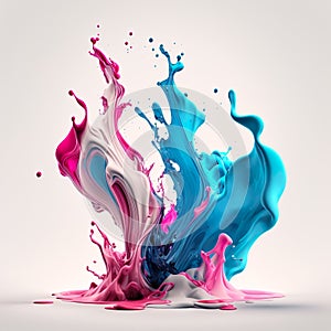 Pink and blue paints splash curves in water on white background