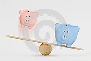 Pink and blue piggy bank on balance scale - Gender pay gap concept