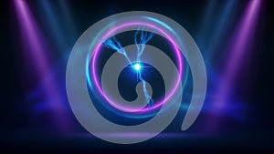 Pink blue purple animated spotlight background. Stage with pink blue circular lighting, ball lightning. Light fluorescent ring,