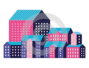 Pink blue and purple city buildings vector design