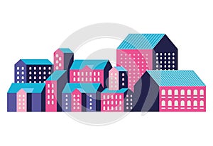 Pink blue and purple city buildings vector design