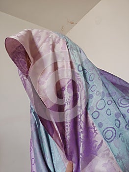 pink blue purple silk scarf on head, clothing fabric