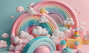 A pink and blue rainbow is the centerpiece of this whimsical scene, with a yellow egg in the middle. The scene is adorne photo