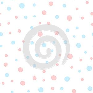 Pink and blue round spots on white background. Cute seamless pattern. Irregular polka dots.