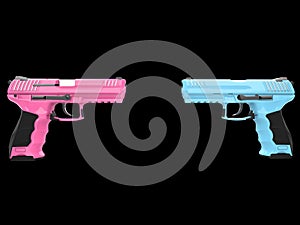 Pink and blue semi auto handguns - face to face