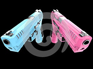 Pink and blue semi auto handguns - top down view