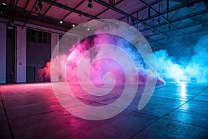 Pink and blue smoke glowing on floor