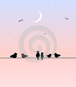 Pink blue sunset with birds on wire illustration
