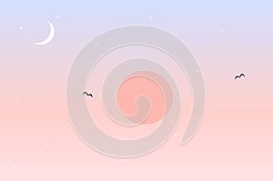 Pink and blue sunset landscape with sun moon and stars background illustration