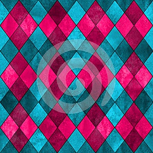 Pink and blue teal argyle seamless plaid pattern. Watercolor hand drawn texture background