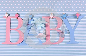 Pink and blue theme Baby bunting letters hanging from pegs on a line