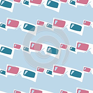 Pink and blue tones 3D glasses silouettes seamless pattern. Lighr soft blue background. Simple cinema backdrop