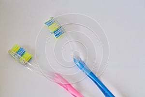 Pink and blue toothbrush on a white background.