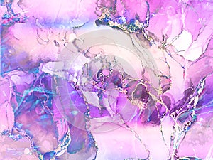 Pink and blue watercolor background with gold glitter. Watercolor alcohol ink splash, liquid flow texture paint, luxury